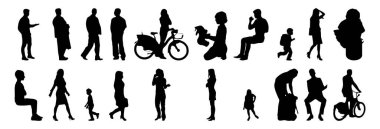 Vektör siluetleri, insanların ana hatları, Contour çizimleri, insanların siluetleri, ikon kümesi izole edilmiş, oturan insanların silueti, mimari set