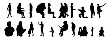 Vektör siluetleri, insanların ana hatları, Contour çizimleri, insanların siluetleri, ikon kümesi izole edilmiş, oturan insanların silueti, mimari set