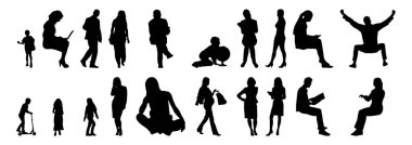 Vektör siluetleri, insanların ana hatları, Contour çizimleri, insanların siluetleri, ikon kümesi izole edilmiş, oturan insanların silueti, mimari set