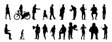 Vektör siluetleri, insanların ana hatları, Contour çizimleri, insanların siluetleri, ikon kümesi izole edilmiş, oturan insanların silueti, mimari set