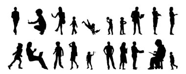 Vektör siluetleri, insanların ana hatları, Contour çizimleri, insanların siluetleri, ikon kümesi izole edilmiş, oturan insanların silueti, mimari set