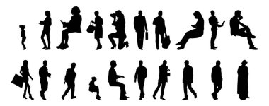 Vektör siluetleri, insanların ana hatları, Contour çizimleri, insanların siluetleri, ikon kümesi izole edilmiş, oturan insanların silueti, mimari set