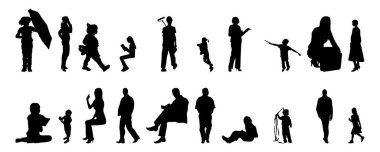 Vektör siluetleri, insanların ana hatları, Contour çizimleri, insanların siluetleri, ikon kümesi izole edilmiş, oturan insanların silueti, mimari set