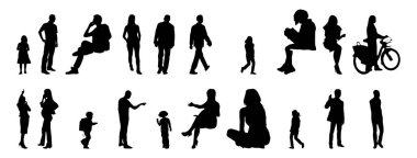 Vektör siluetleri, insanların ana hatları, Contour çizimleri, insanların siluetleri, ikon kümesi izole edilmiş, oturan insanların silueti, mimari set