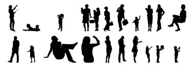 Vektör siluetleri, insanların ana hatları, Contour çizimleri, insanların siluetleri, ikon kümesi izole edilmiş, oturan insanların silueti, mimari set