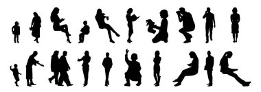 Vektör siluetleri, insanların ana hatları, Contour çizimleri, insanların siluetleri, ikon kümesi izole edilmiş, oturan insanların silueti, mimari set