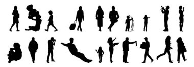 Vektör siluetleri, insanların ana hatları, Contour çizimleri, insanların siluetleri, ikon kümesi izole edilmiş, oturan insanların silueti, mimari set