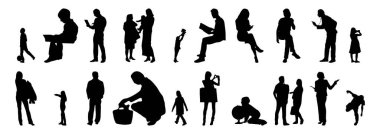 Vektör siluetleri, insanların ana hatları, Contour çizimleri, insanların siluetleri, ikon kümesi izole edilmiş, oturan insanların silueti, mimari set