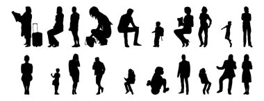 Vektör siluetleri, insanların ana hatları, Contour çizimleri, insanların siluetleri, ikon kümesi izole edilmiş, oturan insanların silueti, mimari set