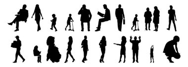 Vektör siluetleri, insanların ana hatları, Contour çizimleri, insanların siluetleri, ikon kümesi izole edilmiş, oturan insanların silueti, mimari set