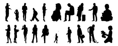 Vektör siluetleri, insanların ana hatları, Contour çizimleri, insanların siluetleri, ikon kümesi izole edilmiş, oturan insanların silueti, mimari set