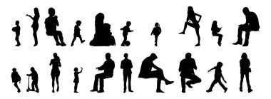 Vektör siluetleri, insanların ana hatları, Contour çizimleri, insanların siluetleri, ikon kümesi izole edilmiş, oturan insanların silueti, mimari set