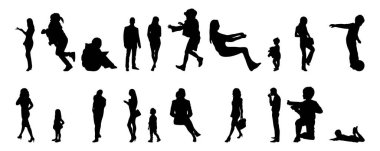 Vektör siluetleri, insanların ana hatları, Contour çizimleri, insanların siluetleri, ikon kümesi izole edilmiş, oturan insanların silueti, mimari set