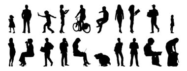 Vektör siluetleri, insanların ana hatları, Contour çizimleri, insanların siluetleri, ikon kümesi izole edilmiş, oturan insanların silueti, mimari set