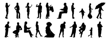 Vektör siluetleri, insanların ana hatları, Contour çizimleri, insanların siluetleri, ikon kümesi izole edilmiş, oturan insanların silueti, mimari set