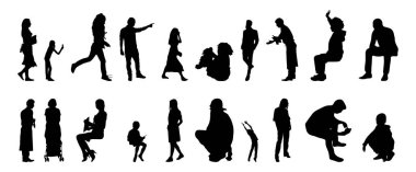 Vektör siluetleri, insanların ana hatları, Contour çizimleri, insanların siluetleri, ikon kümesi izole edilmiş, oturan insanların silueti, mimari set