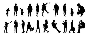 Vektör siluetleri, insanların ana hatları, Contour çizimleri, insanların siluetleri, ikon kümesi izole edilmiş, oturan insanların silueti, mimari set