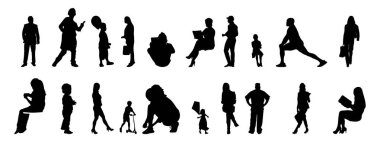 Vektör siluetleri, insanların ana hatları, Contour çizimleri, insanların siluetleri, ikon kümesi izole edilmiş, oturan insanların silueti, mimari set