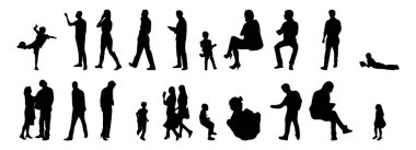 Vektör siluetleri, insanların ana hatları, Contour çizimleri, insanların siluetleri, ikon kümesi izole edilmiş, oturan insanların silueti, mimari set