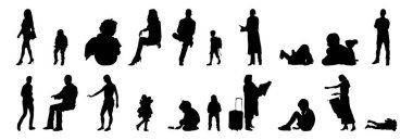 Vektör siluetleri, insanların ana hatları, Contour çizimleri, insanların siluetleri, ikon kümesi izole edilmiş, oturan insanların silueti, mimari set