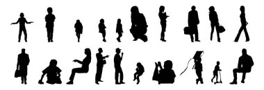 Vektör siluetleri, insanların ana hatları, Contour çizimleri, insanların siluetleri, ikon kümesi izole edilmiş, oturan insanların silueti, mimari set