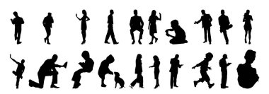 Vektör siluetleri, insanların ana hatları, Contour çizimleri, insanların siluetleri, ikon kümesi izole edilmiş, oturan insanların silueti, mimari set