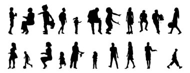 Vektör siluetleri, insanların ana hatları, Contour çizimleri, insanların siluetleri, ikon kümesi izole edilmiş, oturan insanların silueti, mimari set