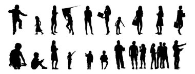 Vektör siluetleri, insanların ana hatları, Contour çizimleri, insanların siluetleri, ikon kümesi izole edilmiş, oturan insanların silueti, mimari set