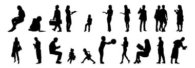 Vektör siluetleri, insanların ana hatları, Contour çizimleri, insanların siluetleri, ikon kümesi izole edilmiş, oturan insanların silueti, mimari set