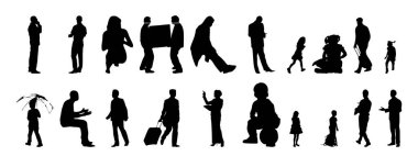 Vektör siluetleri, insanların ana hatları, Contour çizimleri, insanların siluetleri, ikon kümesi izole edilmiş, oturan insanların silueti, mimari set