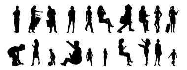 Vektör siluetleri, insanların ana hatları, Contour çizimleri, insanların siluetleri, ikon kümesi izole edilmiş, oturan insanların silueti, mimari set