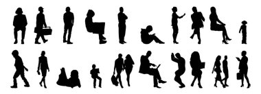 Vektör siluetleri, insanların ana hatları, Contour çizimleri, insanların siluetleri, ikon kümesi izole edilmiş, oturan insanların silueti, mimari set