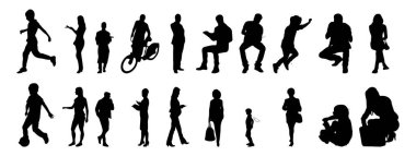 Vektör siluetleri, insanların ana hatları, Contour çizimleri, insanların siluetleri, ikon kümesi izole edilmiş, oturan insanların silueti, mimari set