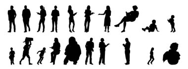 Vektör siluetleri, insanların ana hatları, Contour çizimleri, insanların siluetleri, ikon kümesi izole edilmiş, oturan insanların silueti, mimari set