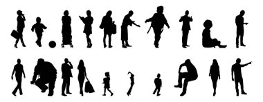 Vektör siluetleri, insanların ana hatları, Contour çizimleri, insanların siluetleri, ikon kümesi izole edilmiş, oturan insanların silueti, mimari set