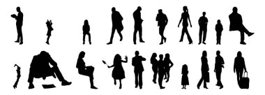 Vektör siluetleri, insanların ana hatları, Contour çizimleri, insanların siluetleri, ikon kümesi izole edilmiş, oturan insanların silueti, mimari set