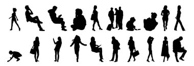 Vektör siluetleri, insanların ana hatları, Contour çizimleri, insanların siluetleri, ikon kümesi izole edilmiş, oturan insanların silueti, mimari set