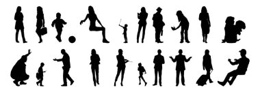 Vektör siluetleri, insanların ana hatları, Contour çizimleri, insanların siluetleri, ikon kümesi izole edilmiş, oturan insanların silueti, mimari set