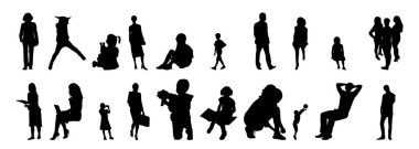 Vektör siluetleri, insanların ana hatları, Contour çizimleri, insanların siluetleri, ikon kümesi izole edilmiş, oturan insanların silueti, mimari set