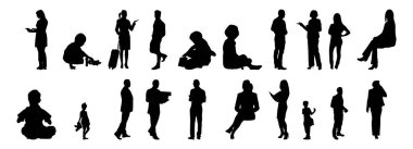 Vektör siluetleri, insanların ana hatları, Contour çizimleri, insanların siluetleri, ikon kümesi izole edilmiş, oturan insanların silueti, mimari set