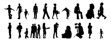 Vektör siluetleri, insanların ana hatları, Contour çizimleri, insanların siluetleri, ikon kümesi izole edilmiş, oturan insanların silueti, mimari set