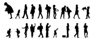 Vektör siluetleri, insanların ana hatları, Contour çizimleri, insanların siluetleri, ikon kümesi izole edilmiş, oturan insanların silueti, mimari set