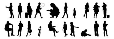 Vektör siluetleri, insanların ana hatları, Contour çizimleri, insanların siluetleri, ikon kümesi izole edilmiş, oturan insanların silueti, mimari set