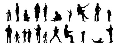 Vektör siluetleri, insanların ana hatları, Contour çizimleri, insanların siluetleri, ikon kümesi izole edilmiş, oturan insanların silueti, mimari set