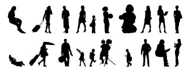 Vektör siluetleri, insanların ana hatları, Contour çizimleri, insanların siluetleri, ikon kümesi izole edilmiş, oturan insanların silueti, mimari set