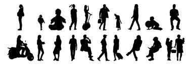 Vektör siluetleri, insanların ana hatları, Contour çizimleri, insanların siluetleri, ikon kümesi izole edilmiş, oturan insanların silueti, mimari set