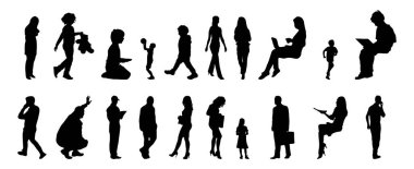 Vektör siluetleri, insanların ana hatları, Contour çizimleri, insanların siluetleri, ikon kümesi izole edilmiş, oturan insanların silueti, mimari set