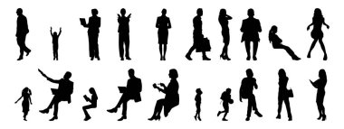 Vektör siluetleri, insanların ana hatları, Contour çizimleri, insanların siluetleri, ikon kümesi izole edilmiş, oturan insanların silueti, mimari set