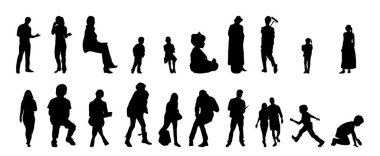 Vektör siluetleri, insanların ana hatları, Contour çizimleri, insanların siluetleri, ikon kümesi izole edilmiş, oturan insanların silueti, mimari set
