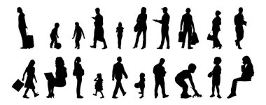 Vektör siluetleri, insanların ana hatları, Contour çizimleri, insanların siluetleri, ikon kümesi izole edilmiş, oturan insanların silueti, mimari set